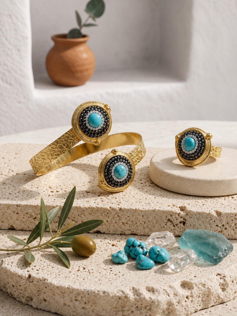 18K Gold Plated Turkish Turquoise Cuff and Ring Set Bohemian Mediterranean 8-10